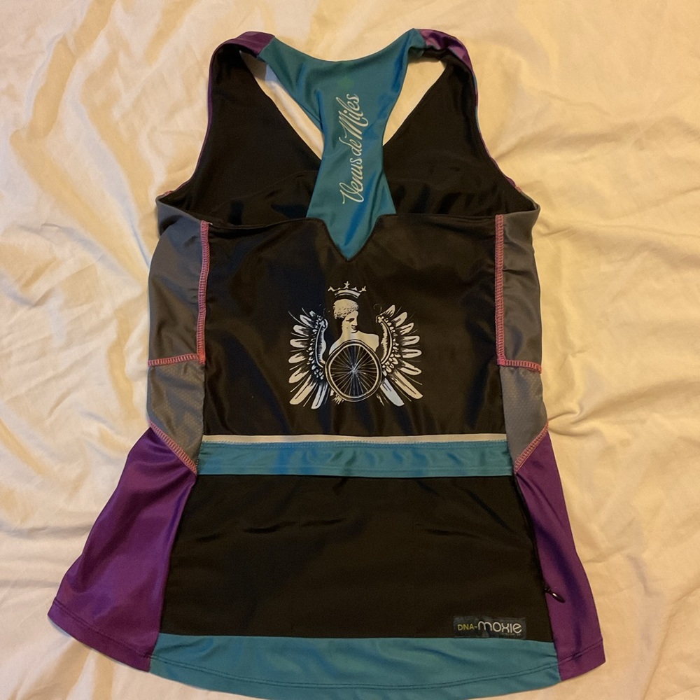 DNA by Moxie Cycling shirt purple turquoise black with design racerback